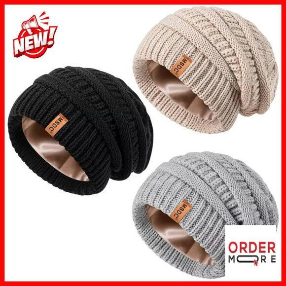 Satin Lined Winter Beanies 3 Pack, Slouchy Cable Knit Hats for Women main image 8